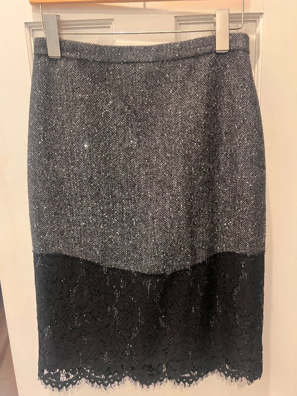 J.Crew Grey Herringbone Wool Sequin Lace Hem Pencil Skirt Size 4